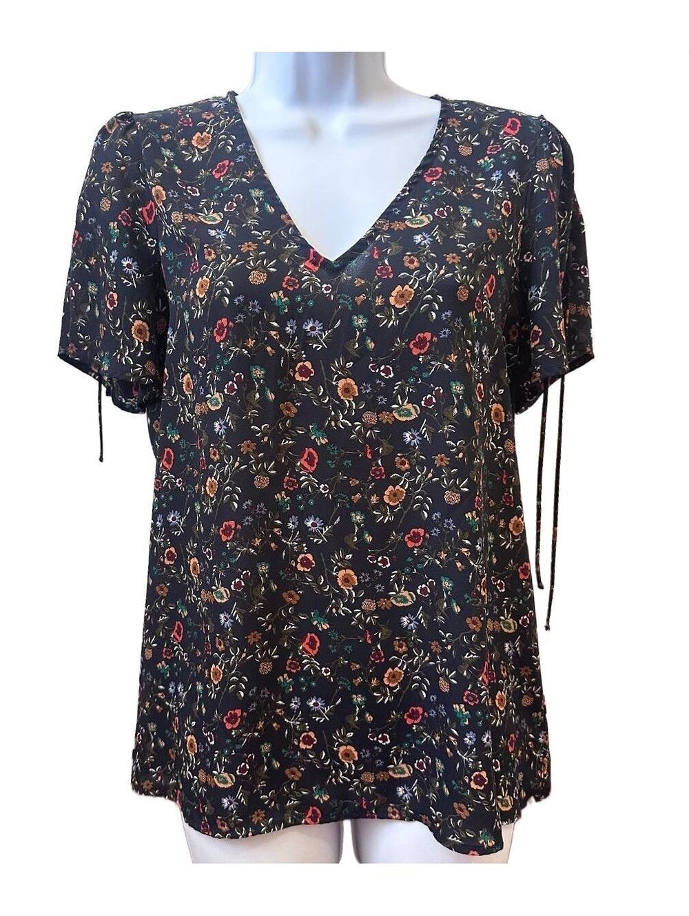 Pleione Navy Floral Cold Shoulder Tie Sleeve Blouse V-Neck, Small